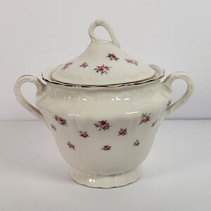 Theodore Haviland Juliet Lidded Sugar Bowl & Creamer Pink Roses, Blue Bows